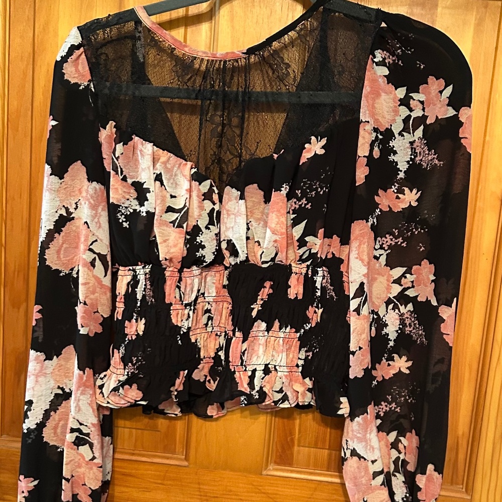 NWT Free People Midnight Combo Floral Sheer Smocked Top